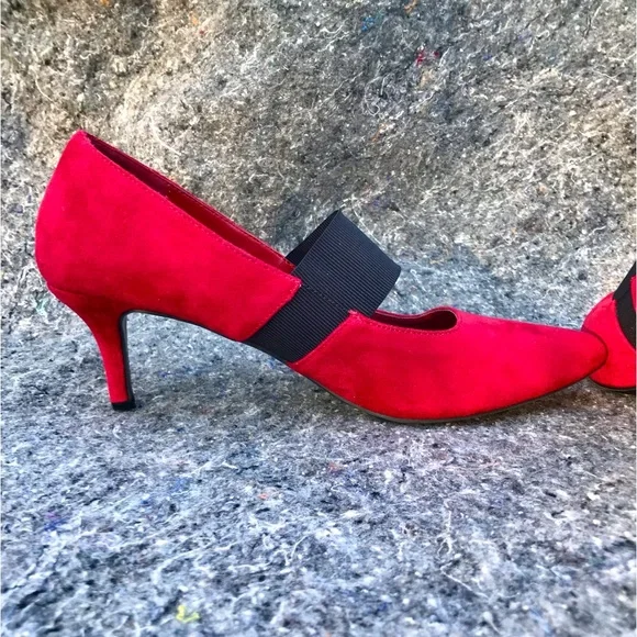 IMPO Stretch Red Suede Heels size 8 Pointed-Toe Mary Jane - Picture 11 of 14